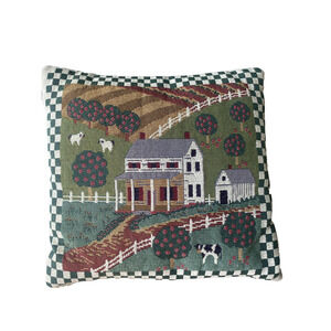 Needlepoint Pillow Farm Country Cows Nature Barn Cottage Core Vintage Decoration